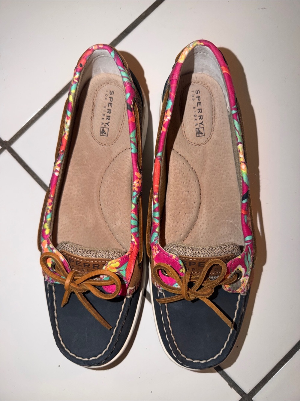 Sperry Navy Boat Flats with Bright Pink Floral Trim